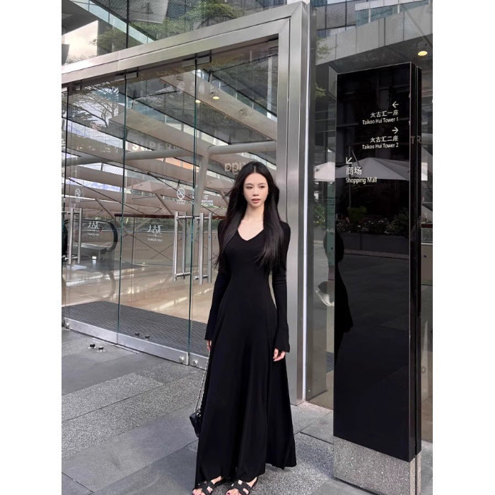 Elegant Inner Match Long Sleeve Knitted Dress Women's Black Sexy Waist Trimming Slim Fit